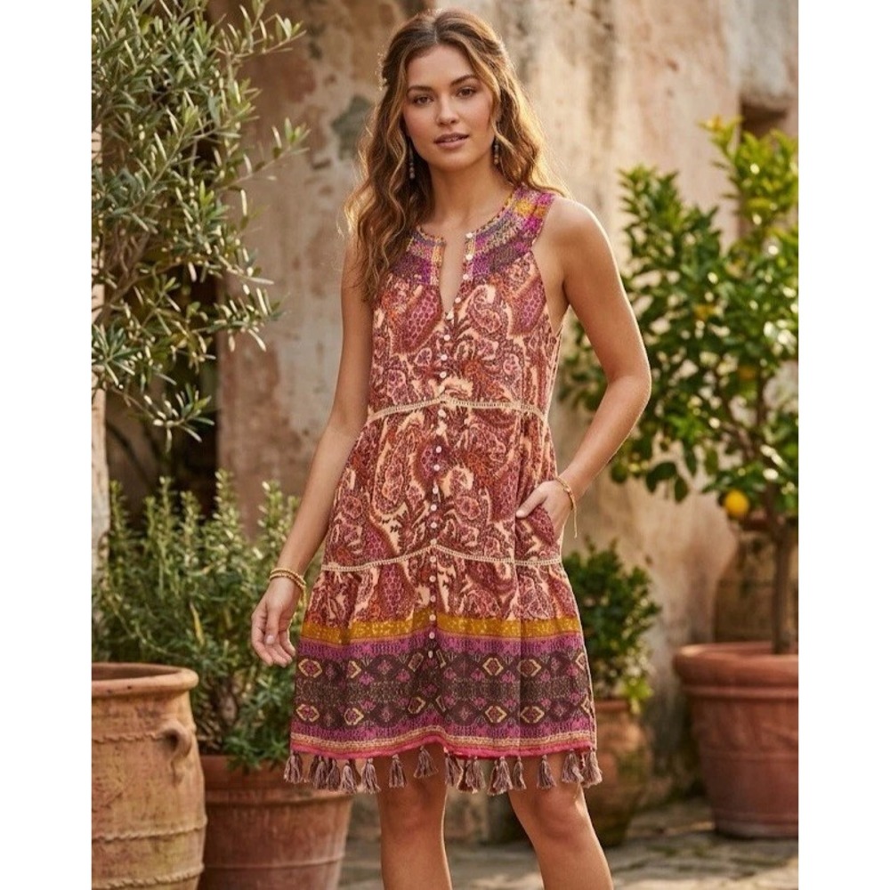 New Sundance Catalog Orange Pink Sleeveless Rosado Dress Embroidered Sz XL Boho